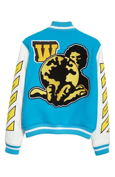 Shop Off-white Leather & Virgin Wool Blend Varsity Jacket In Turquoise Yellow