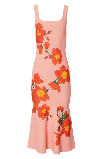 Shop Carolina Herrera Floral Square Neck Trumpet Dress In Shell Pink Mult