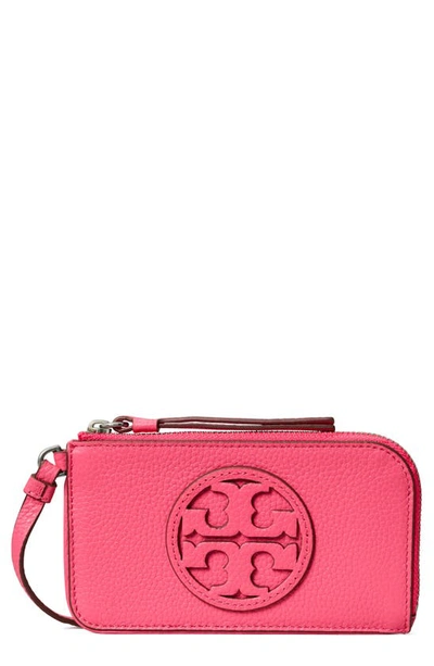 Shop Tory Burch Miller Top Zip Leather Card Case In Pink Love