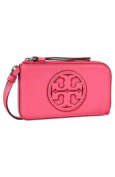 Shop Tory Burch Miller Top Zip Leather Card Case In Pink Love