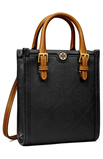 Shop Tory Burch Mini T Monogram Perforated Leather Crossbody Tote In Black