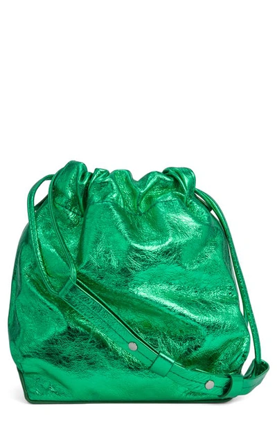 Shop By Far Mons Metallic Leather Bucket Bag In Clover Green