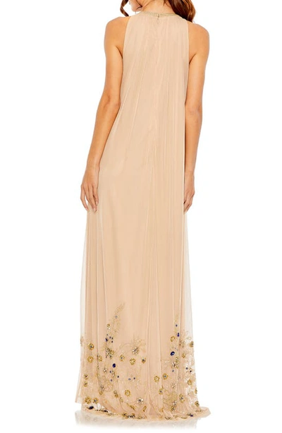 Shop Mac Duggal Embellished Mesh Trapeze Gown In Beige Gold