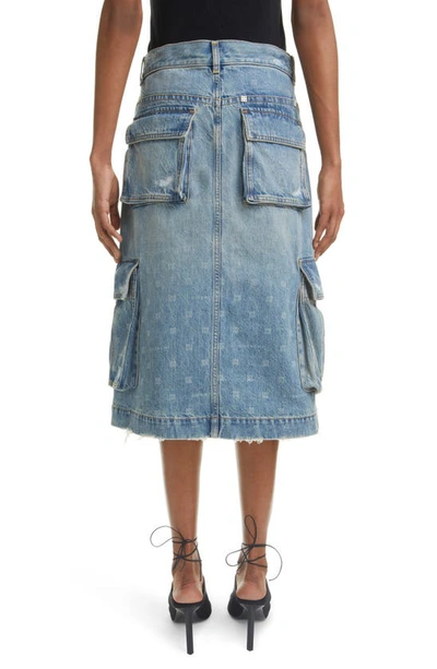 Shop Givenchy 4g Logo Distressed Cargo Pocket Nonstretch Denim Skirt In 420-medium Blue