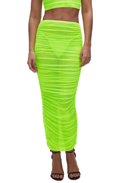 Shop Good American Ruched Mesh Cover-up Maxi Skirt In Electric Lime002
