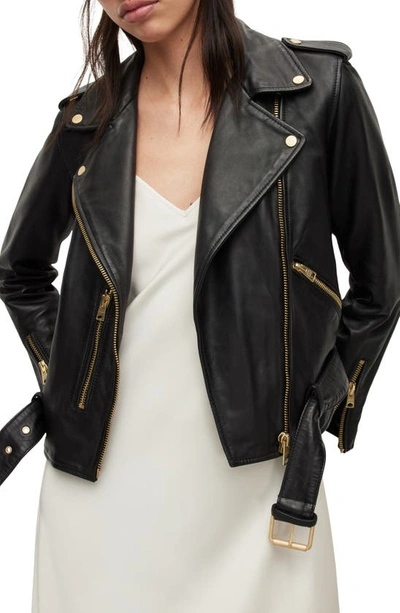 Shop Allsaints Balfern Sheepskin Leather Biker Jacket In Black/ Gold