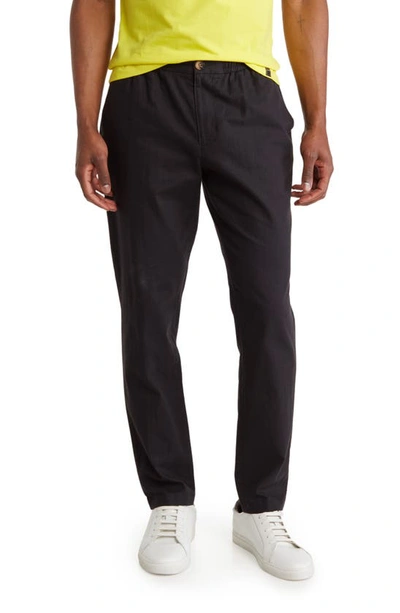 14th & Union Elastic Waist Linen Blend Trim Fit Pants In Black Caviar