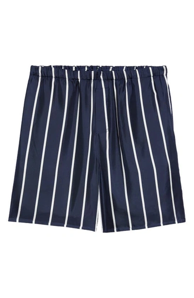 Shop Ami Alexandre Mattiussi Stripe Silk Shorts In Nautic Blue/ Natural White