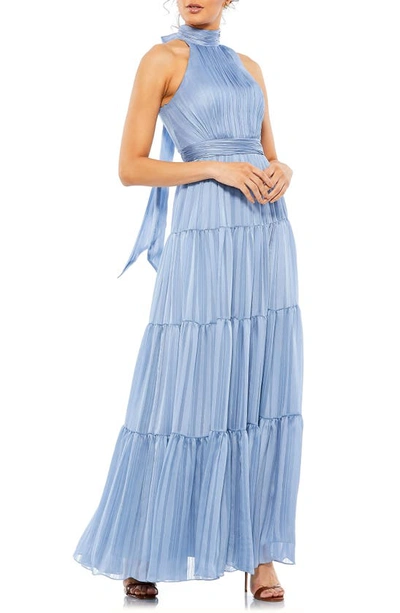 Mac Duggal Tie Neck Tiered Halter Gown In Slate Blue