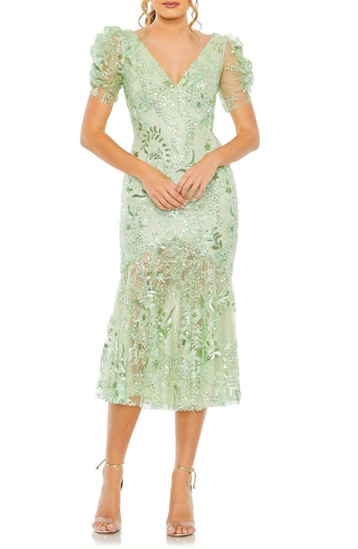Shop Mac Duggal Embellished Puff Sleeve Midi Dress In Mint