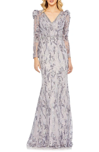 Shop Mac Duggal Embellished Long Sleeve Mesh Mermaid Gown In Lilac