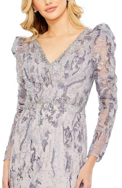 Shop Mac Duggal Embellished Long Sleeve Mesh Mermaid Gown In Lilac