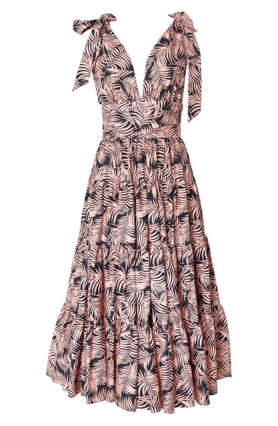 Shop Carolina Herrera Palm Print Plunge Neck Stretch Cotton Dress In Midnight Multi