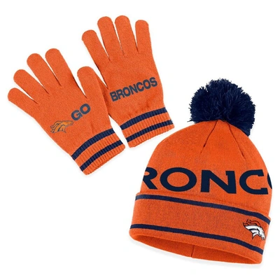 Shop Wear By Erin Andrews Orange Denver Broncos Double Jacquard Cuffed Knit Hat With Pom And Gloves Set