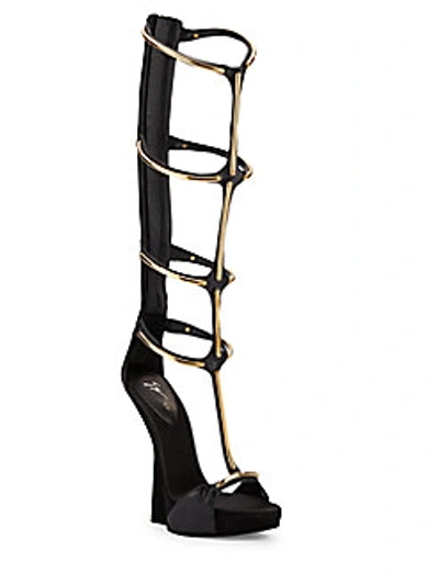Giuseppe Zanotti Tall Leather & Suede Gladiator Wedge Boots In Black