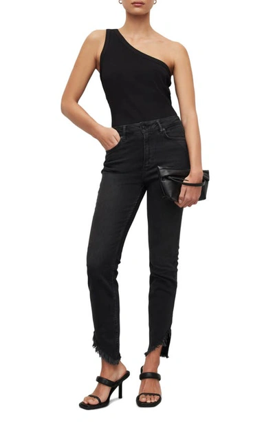 Shop Allsaints Dax Frayed Asymmetric Hem Skinny Jeans In Washed Black