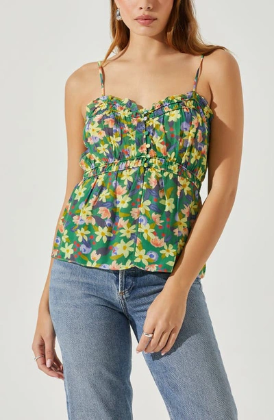 Shop Astr Ruched Babydoll Camisole In Yellow Green Flower