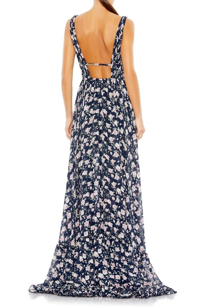 Shop Mac Duggal Floral Print Sleeveless Ruffle Gown In Navy Multi
