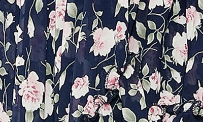 Shop Mac Duggal Floral Print Sleeveless Ruffle Gown In Navy Multi