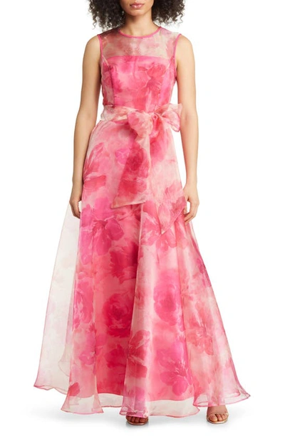 Shop Eliza J Floral Illusion Neck Organza Ballgown In Fuchsia