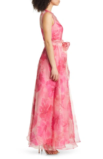 Shop Eliza J Floral Illusion Neck Organza Ballgown In Fuchsia