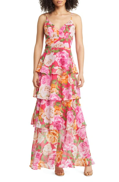 Eliza J Spaghetti Strap Floral Print Gown In Hot Pink | ModeSens