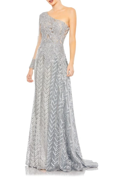 Shop Mac Duggal Embellished Long Sleeve One-shoulder Gown In Platinum