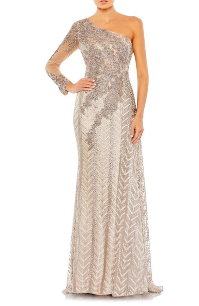 Shop Mac Duggal Embellished Long Sleeve One-shoulder Gown In Taupe