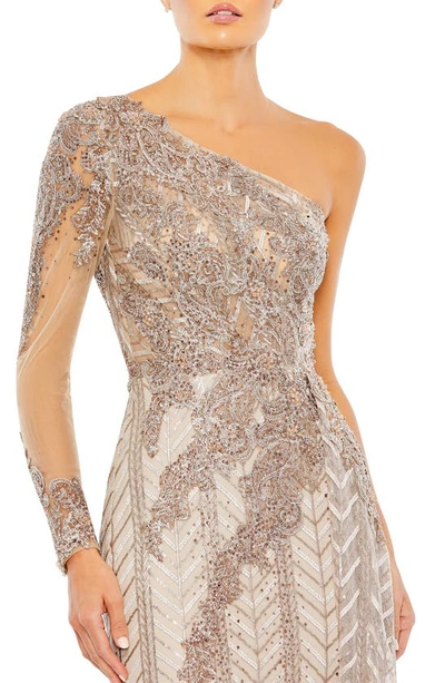 Shop Mac Duggal Embellished Long Sleeve One-shoulder Gown In Taupe