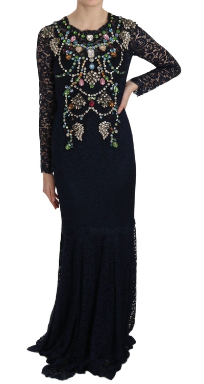Shop Dolce & Gabbana Crystal Embellished Navy Blue Flare Women's Dress