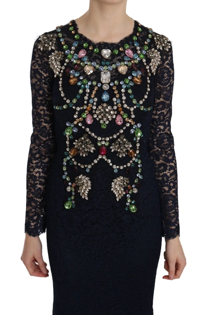 Shop Dolce & Gabbana Crystal Embellished Navy Blue Flare Women's Dress