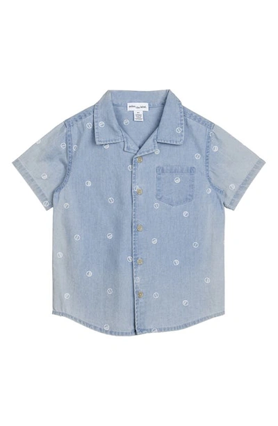 Shop Miles The Label Kids' Dot Print Short Sleeve Organic Cotton Button-up Shirt In 951 Light Blue Denim
