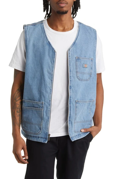 Shop Dickies Zip Front Denim Vest In Light Denim