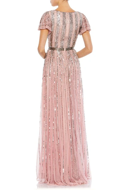 Mac Duggal Stripe Sequin V-neck Gown In Rose