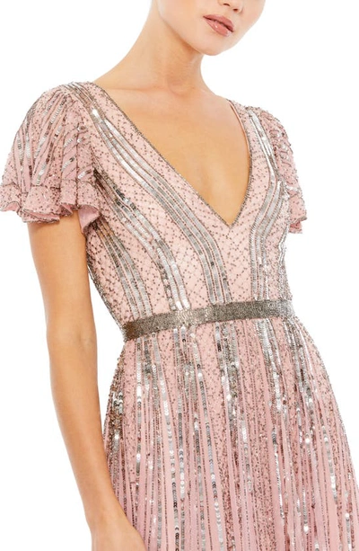 Mac Duggal Stripe Sequin V-neck Gown In Rose