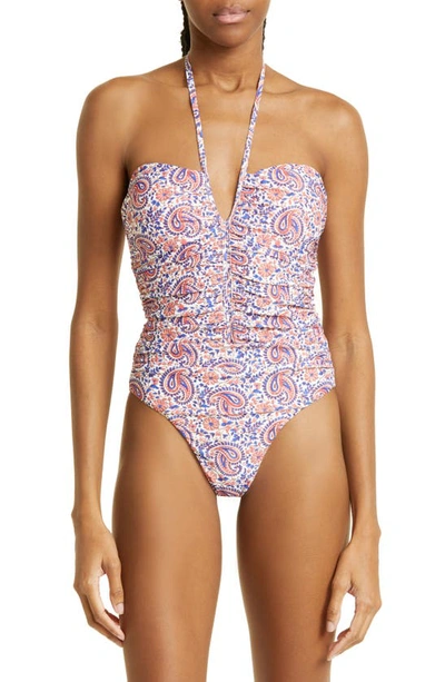 Shop Veronica Beard Hazina Paisley Ruched One-piece Swimsuit In Watermelon/ Blue