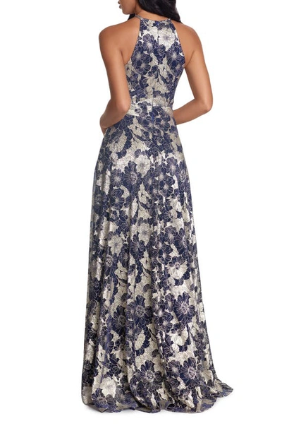Betsy & Adam Metallic Floral Halter Gown In Navy/ Gold