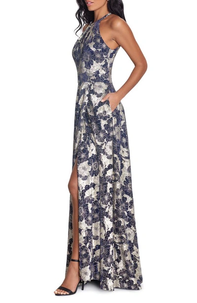 Betsy & Adam Metallic Floral Halter Gown In Navy/ Gold