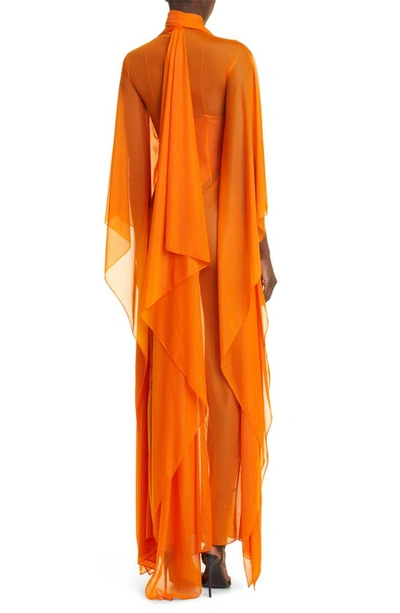 Shop Laquan Smith Sweeping Sheer Dolman Sleeve Gown In Florescent Orange