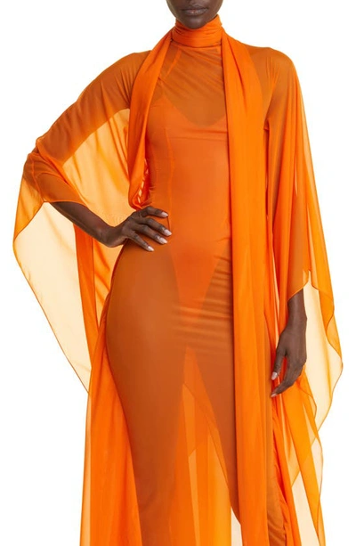 Shop Laquan Smith Sweeping Sheer Dolman Sleeve Gown In Florescent Orange