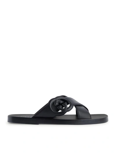 Shop Gucci Flat Leather Sandals In Black