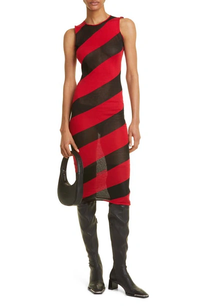 Shop Mowalola Bias Stripe Body-con Midi Dress In Black/ Red
