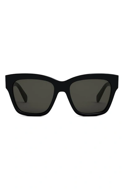 Shop Celine Triomphe 55mm Round Sunglasses In Shiny Black / Smoke