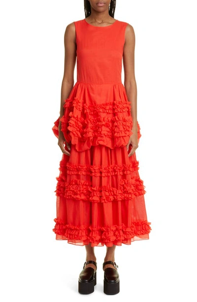 Shop Molly Goddard Dolores Ruffle Sleeveless Cotton Midi Dress In Red