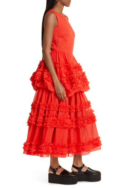Shop Molly Goddard Dolores Ruffle Sleeveless Cotton Midi Dress In Red