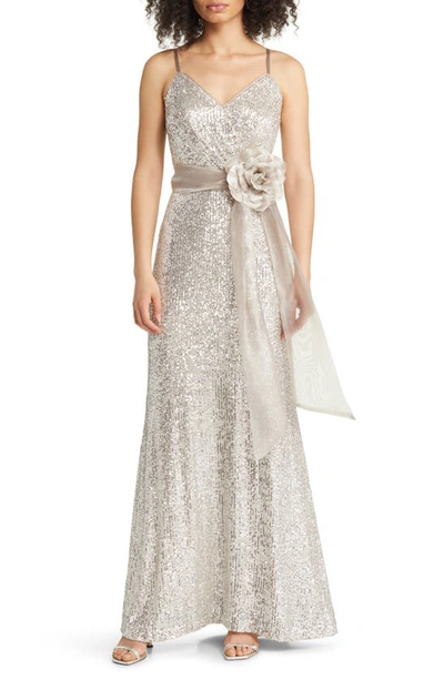 Shop Eliza J Organza Flower Sequin Gown In Silver