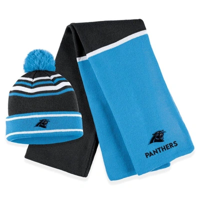 Shop Wear By Erin Andrews Blue Carolina Panthers Colorblock Cuffed Knit Hat With Pom And Scarf Set