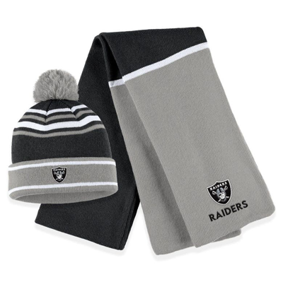 Shop Wear By Erin Andrews Black Las Vegas Raiders Colorblock Cuffed Knit Hat With Pom And Scarf Set