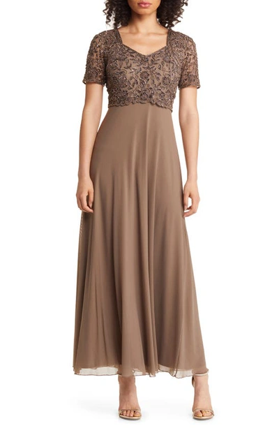 Shop Pisarro Nights Beaded Bodice A-line Gown In Mocha