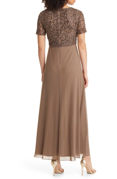 Shop Pisarro Nights Beaded Bodice A-line Gown In Mocha